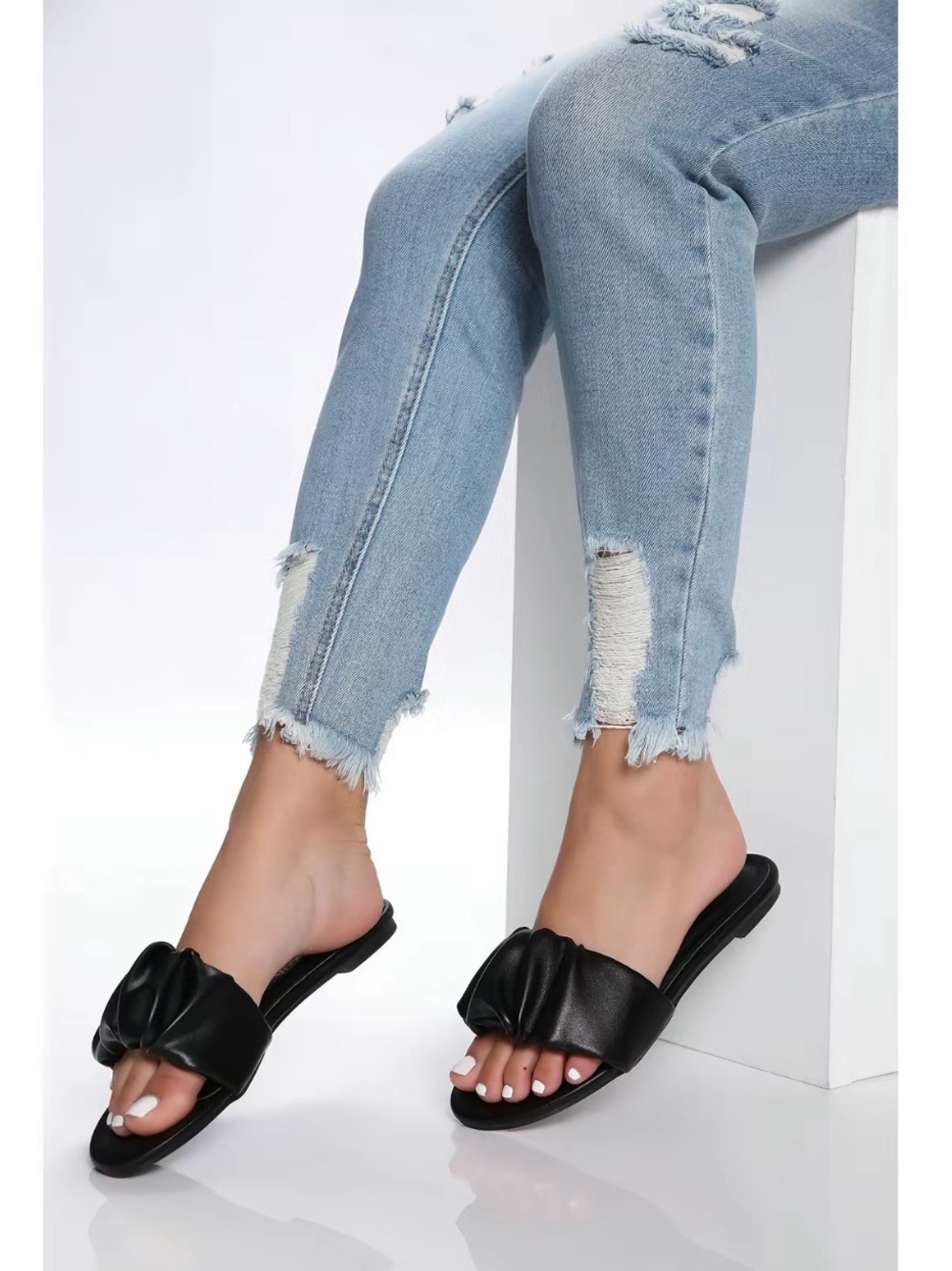 Fashion Nova Black Ruched Bow Slide Sandals